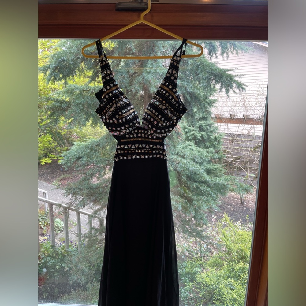 Silver and gold beaded top black prom dress